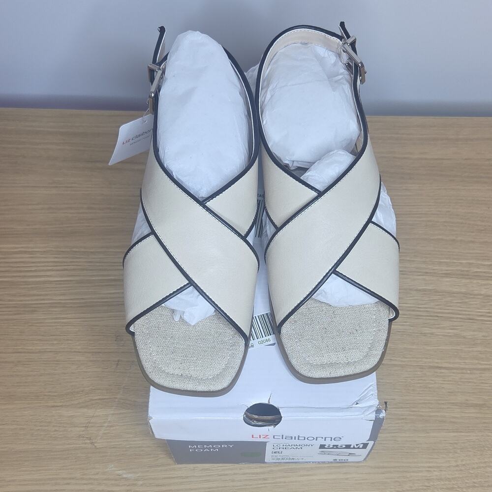 Liz Claiborne Strappy Sandals Cream Black Buckle Women's Synthetic 8.5M